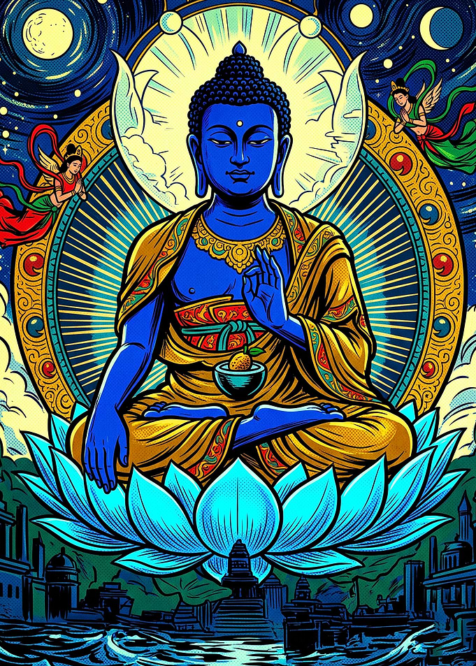 Vibrant Blue Buddha Lotus Illustration