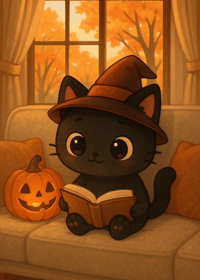Cute Black Cat Reading Halloween