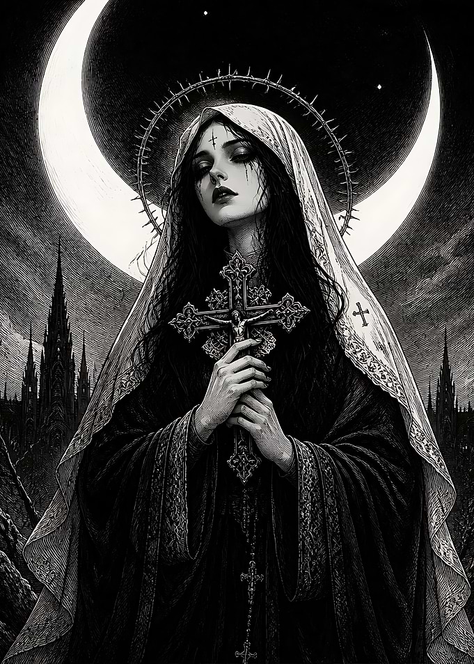 Gothic Nun with Crucifix and Moon