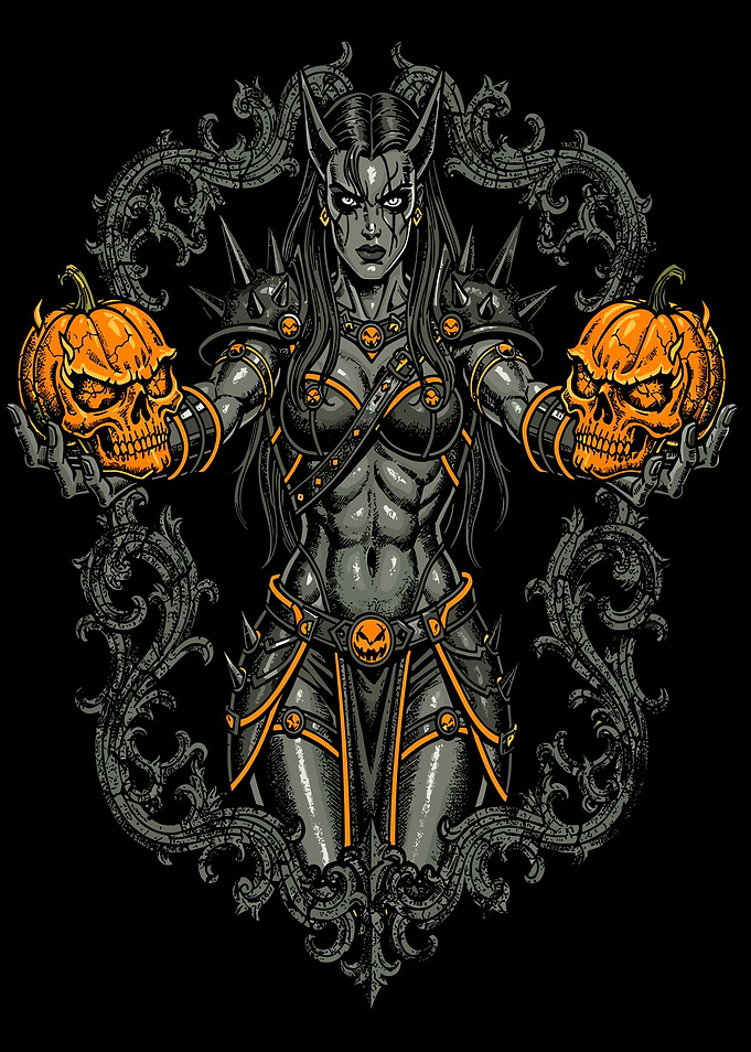 Dark Fantasy Warrior Holding Skull Pumpkins