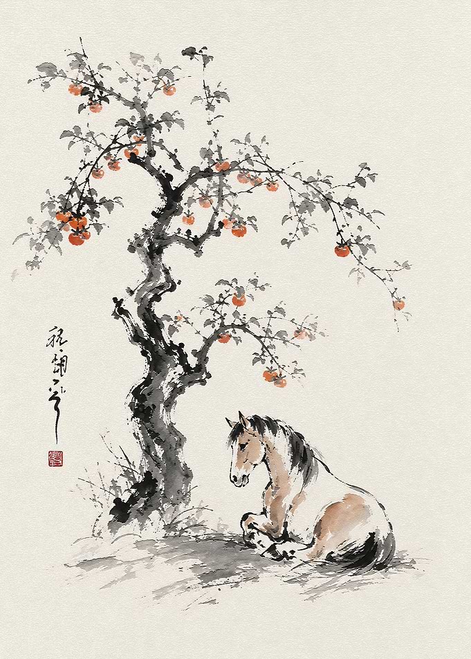Horse Resting Under Persimmon Tree