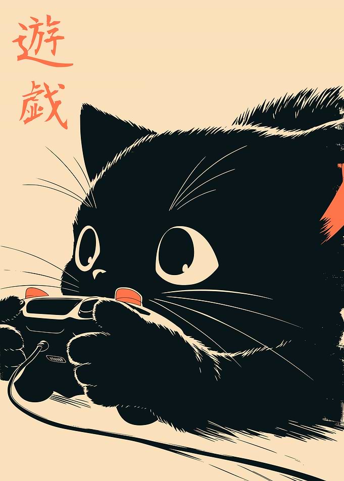 Cute Black Cat Gaming Illustration