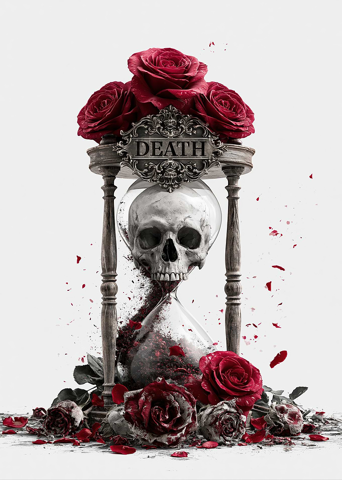 Skull Hourglass with Red Roses
