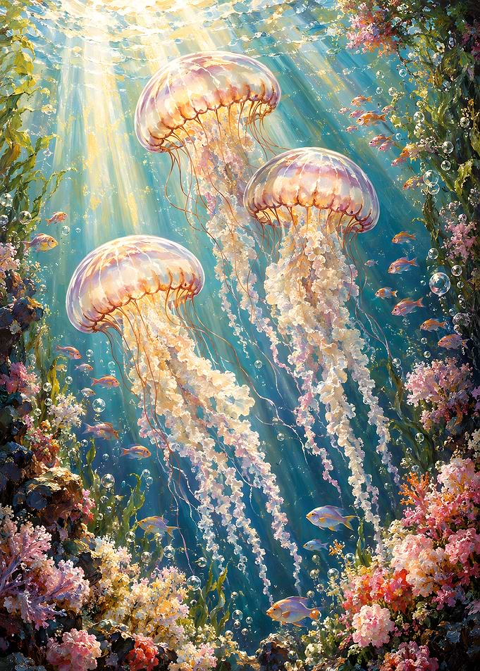 Radiant Jellyfish in Coral Reef