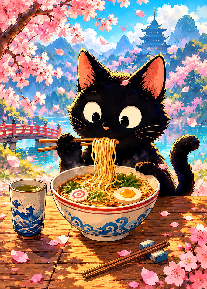 Black Cat Eating Ramen Under Cherry Blossoms