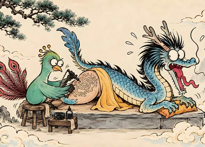 Peacock Tattooing a Panicked Dragon