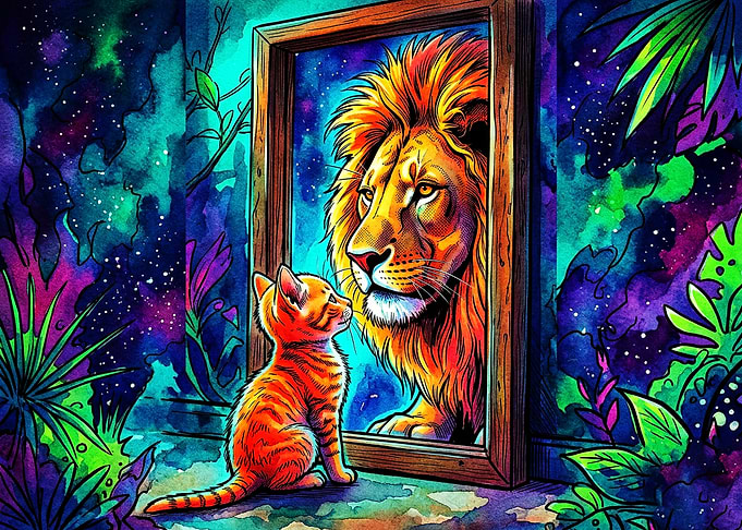 Cat Looking at Lion Reflection