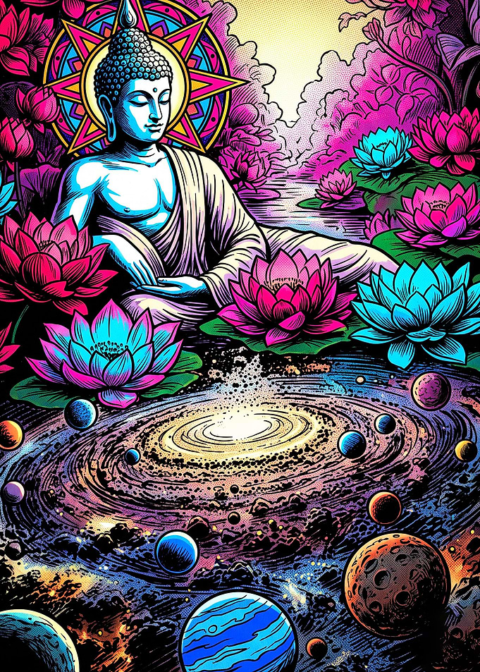 Cosmic Buddha Amidst Lotus Flowers
