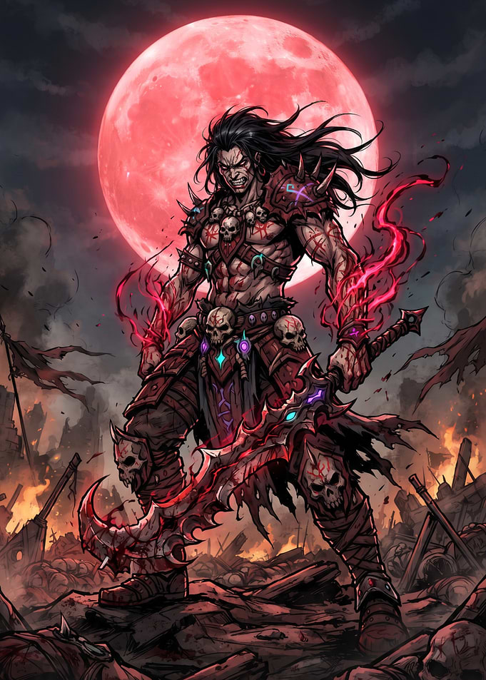 Fierce Warrior Under Blood Moon