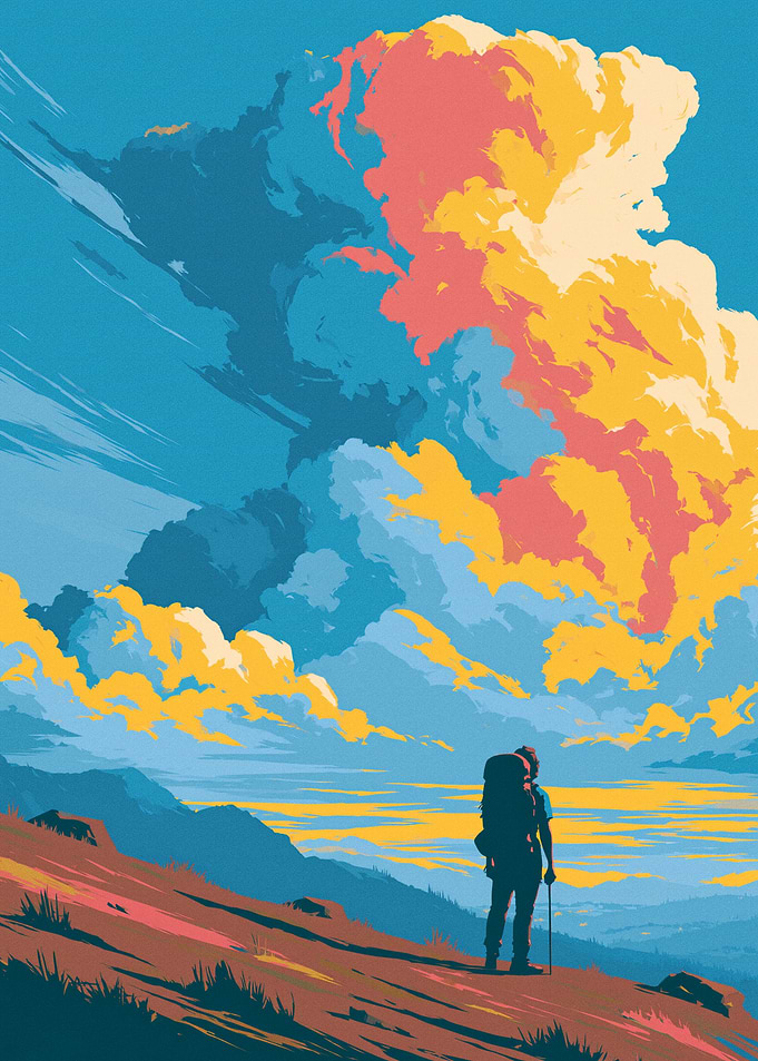 Hiker Standing Under Vibrant Clouds