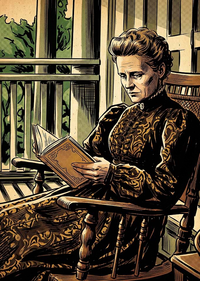 Marie Curie Reading in Rocking Chair