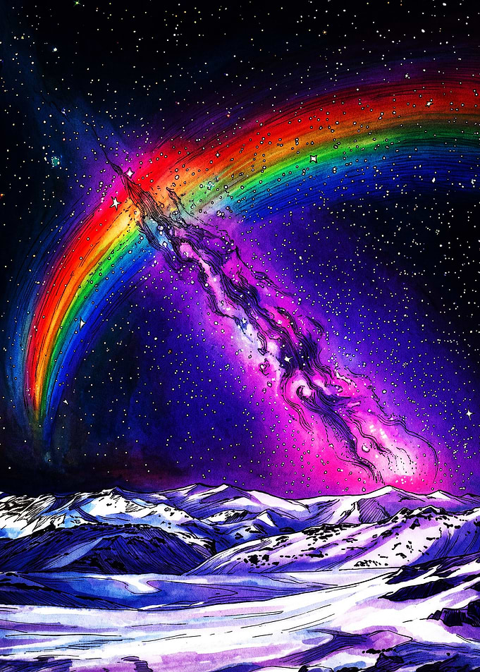 Rainbow Nebula Over Snowy Mountains