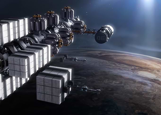 Spaceship Orbiting a Gas Giant