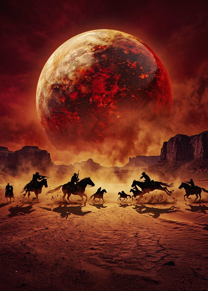 Cowboys Riding Under Crimson Moon