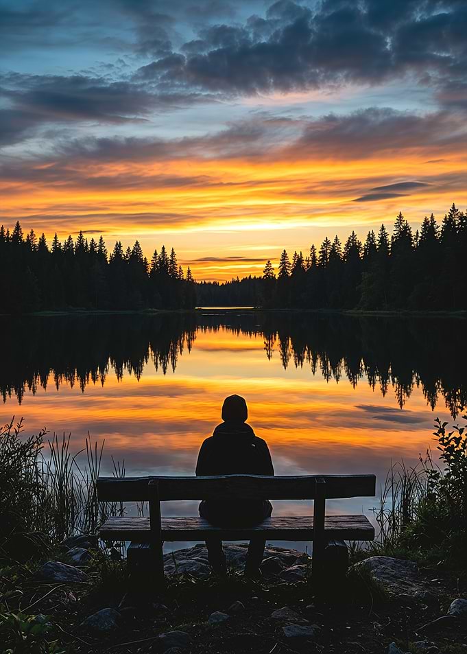 Person sitting on bench at sunset
