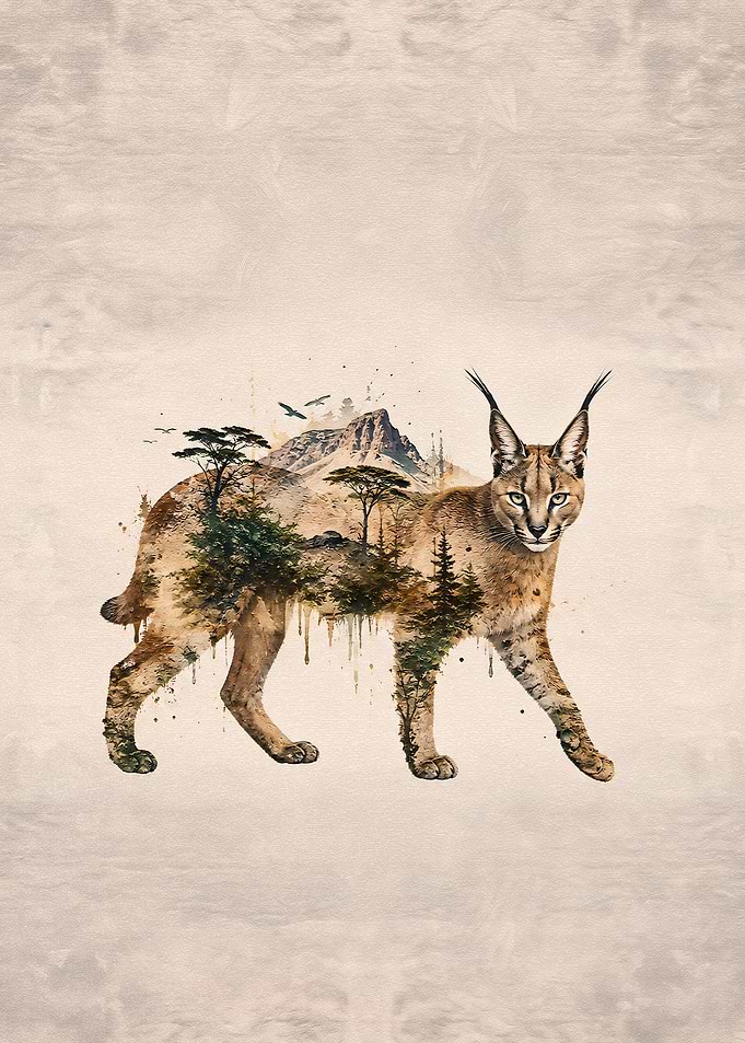 Double Exposure Caracal Mountain Landscape Art
