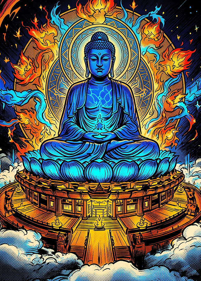 Radiant Blue Buddha in Cosmic Fire