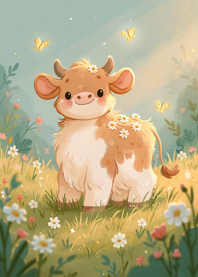 Cute Cow in a Flower Meadow – Whimsical Nursery Art