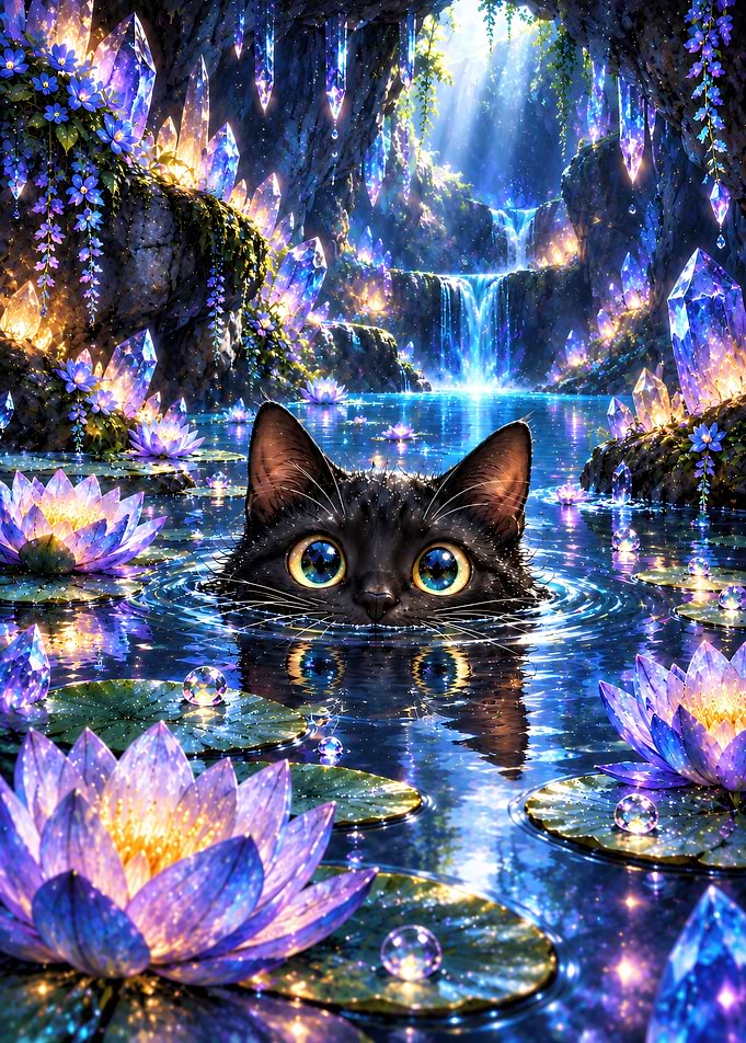 Black Cat in Magical Crystal Pond