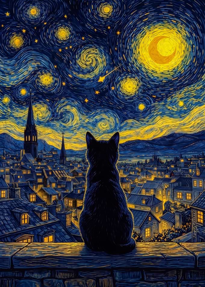 Cat Starry Night Cityscape