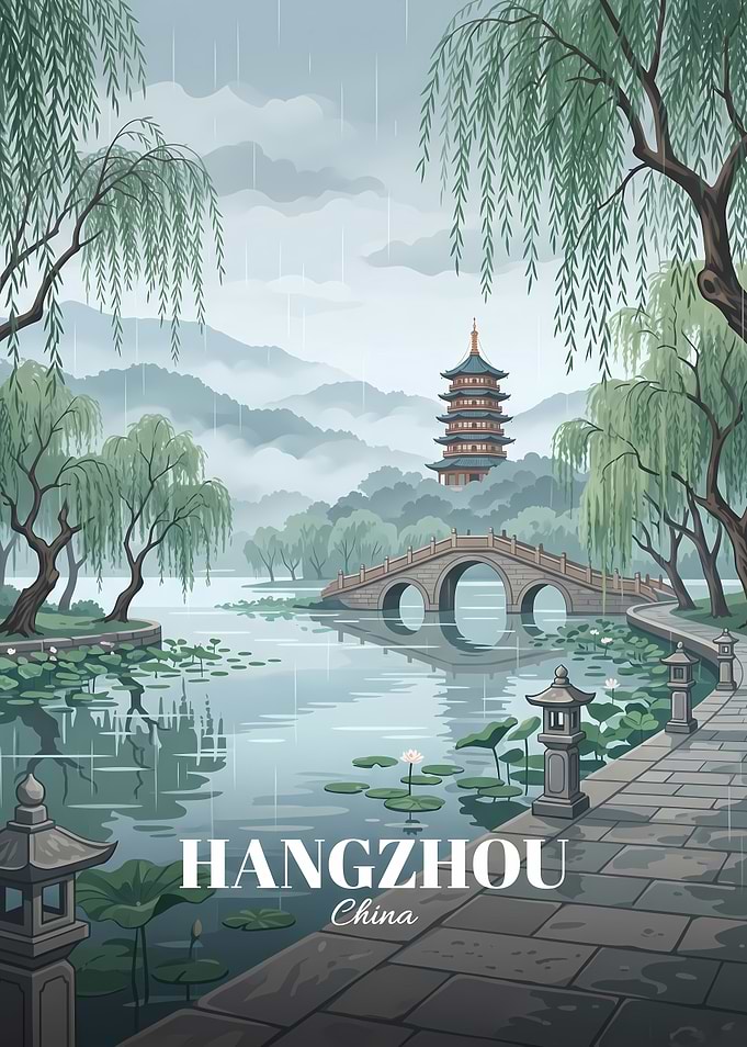 Hangzhou China Rainy Landscape Travel Poster