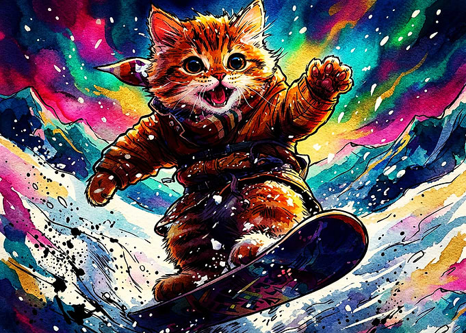 Cute Kitten Snowboarding Under Northern Lights