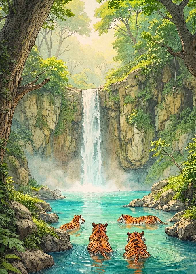 Tigers Swimming in Tropical Waterfall