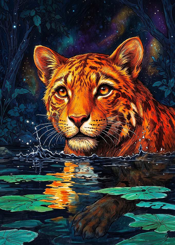 Tiger in a Magical Night Pond