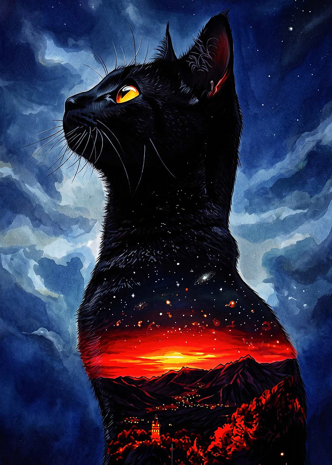 Cosmic Black Cat Silhouette Art