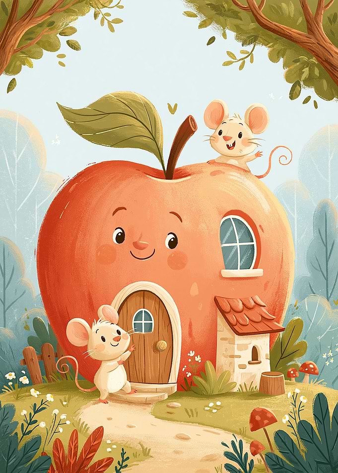 Cute Mice in an Apple House – Woodland Nursery Art