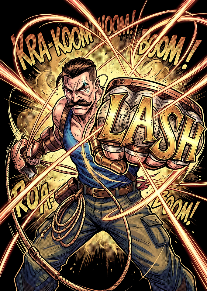 Mustachioed Hero with Mechanical Fist