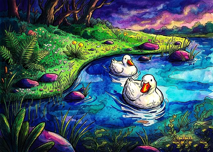 Two Ducks Swimming in a Pond