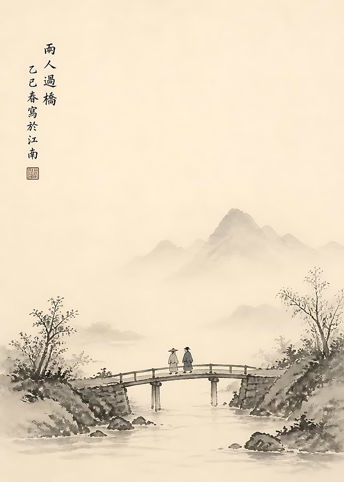 Two Figures Crossing a Misty Bridge