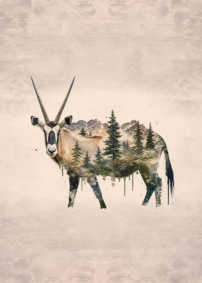 Double Exposure Oryx Mountain Forest Art