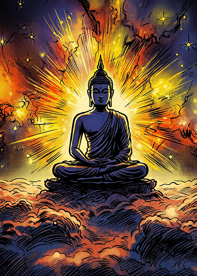 Radiant Buddha Meditating in Clouds