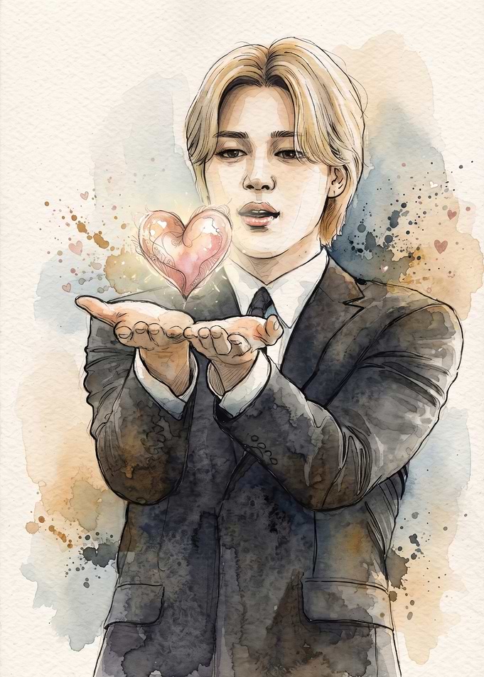 Watercolor Portrait of Jimin with Heart