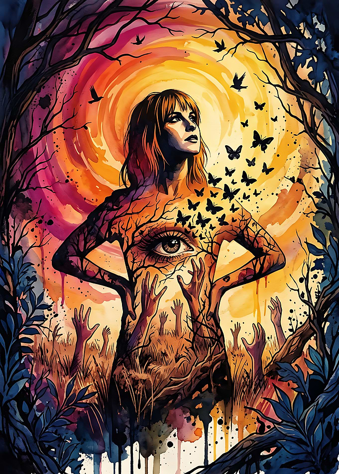 Surreal Woman with Nature and Butterflies