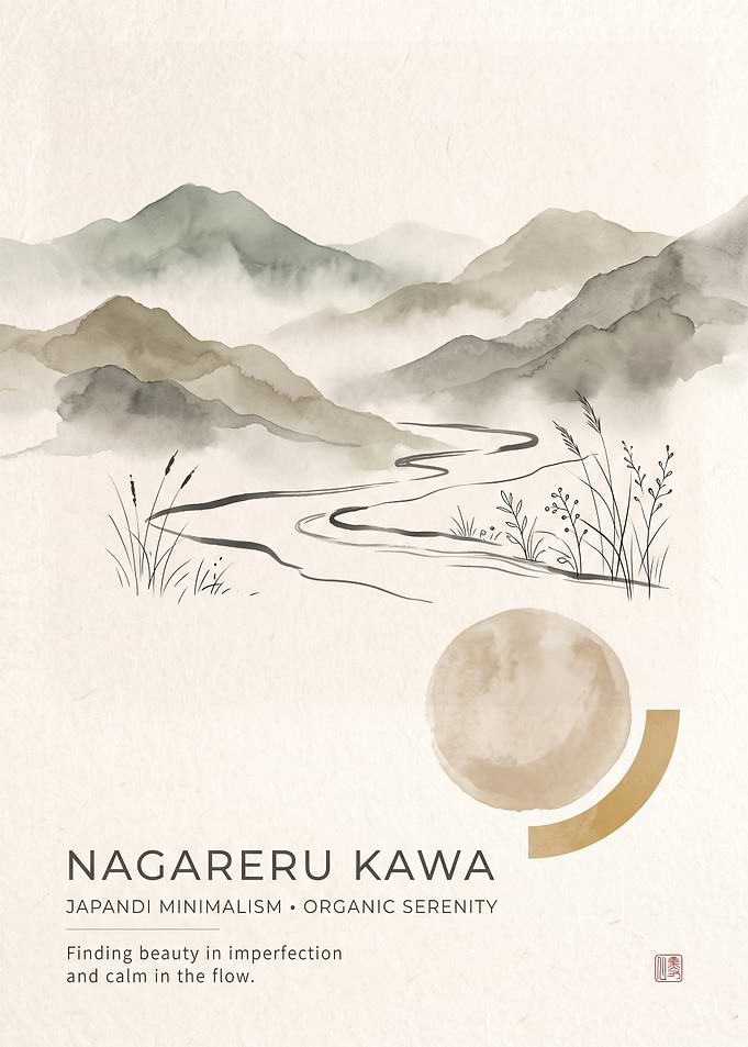 Japandi Minimalist Mountain River Art