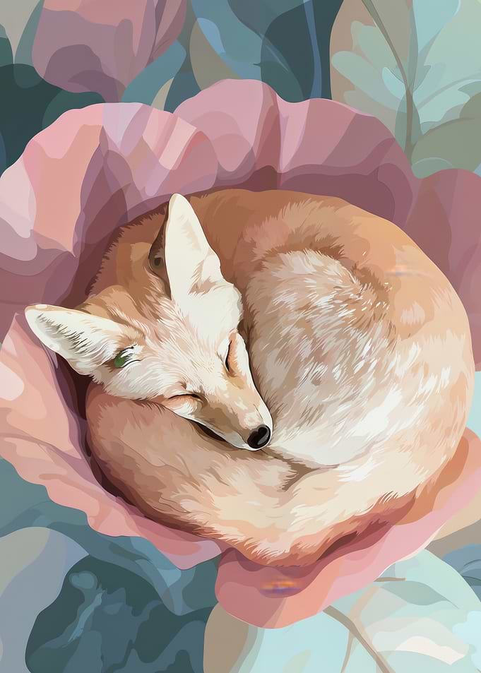 Sleeping Red Fox Curled Inside Pink Flower