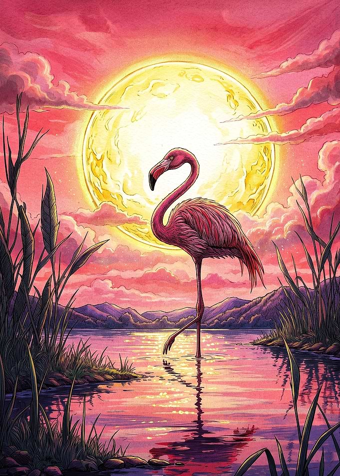 Flamingo Standing in Sunset Lake