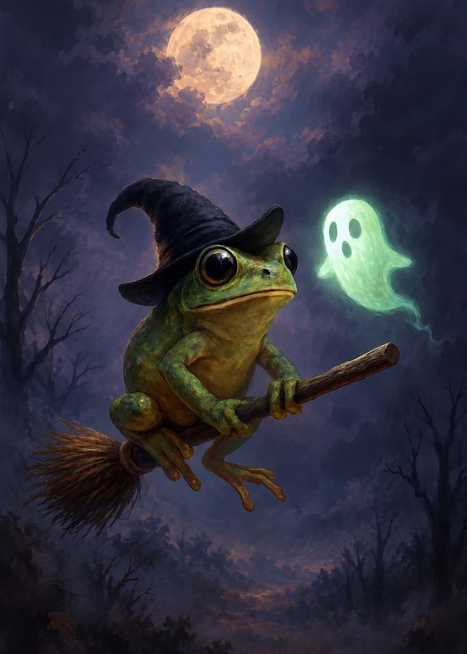 Witch Frog Flying on Broomstick