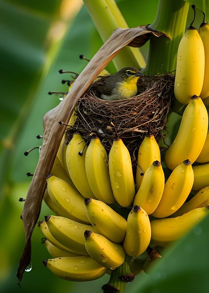 Small Bird Nesting in Banana Bunch