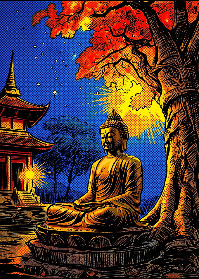 Meditating Buddha Under Autumn Tree