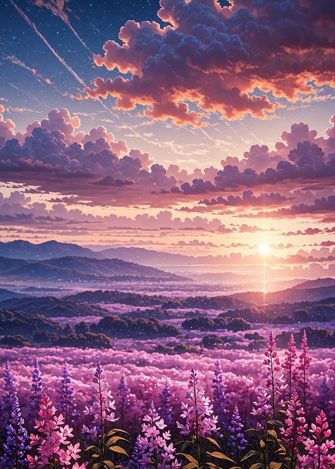 Pink Flower Field at Sunset Landscape