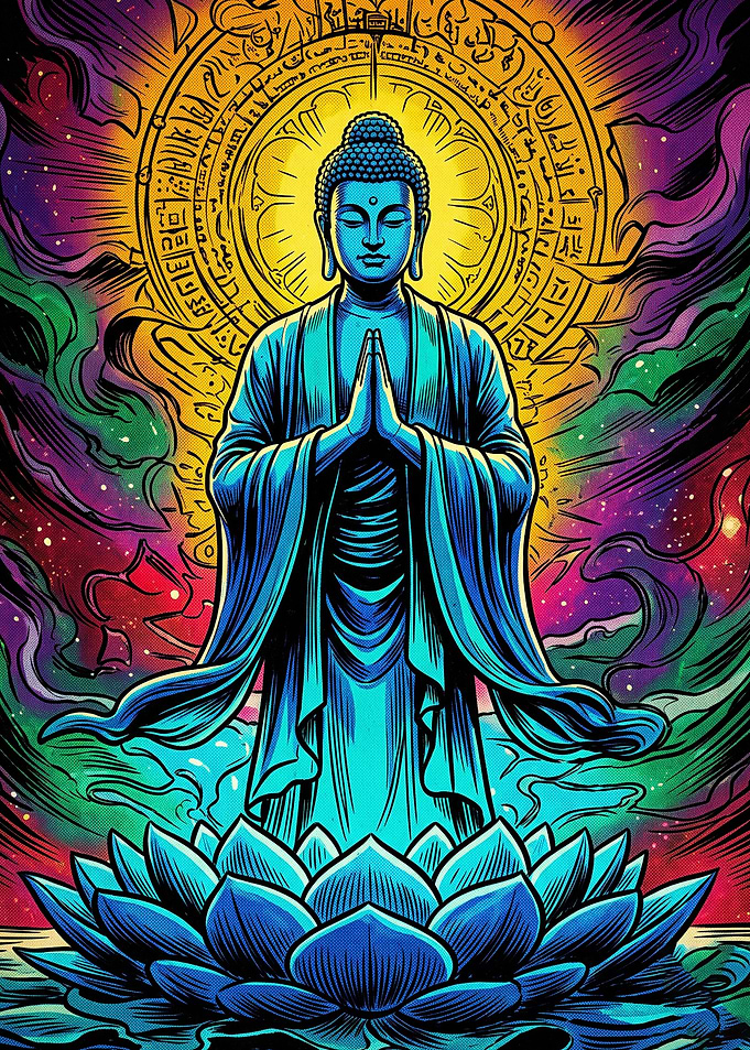 Vibrant Neon Buddha Lotus Meditation Art