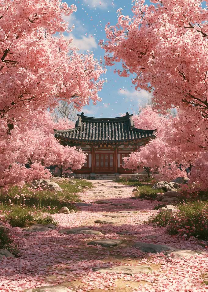Traditional Temple Amidst Cherry Blossoms