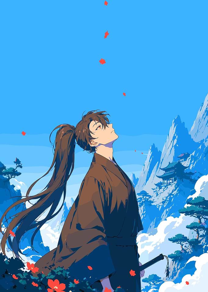 Anime Warrior Looking at Sky