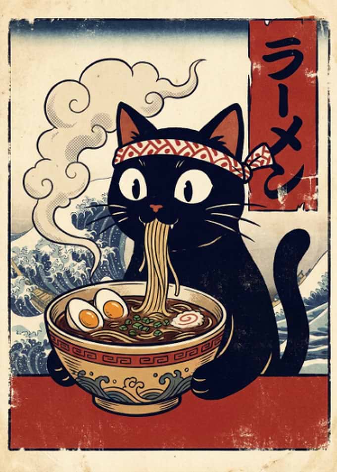 Black Cat Eating Ramen Ukiyo-e Style