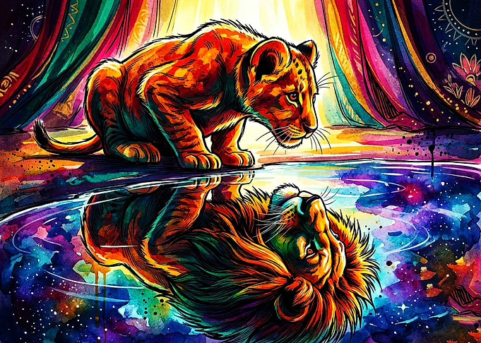 Lion Cub Reflecting as Adult King