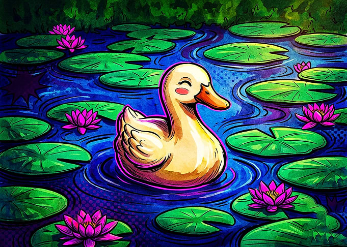 Cute Duck in Water Lily Pond